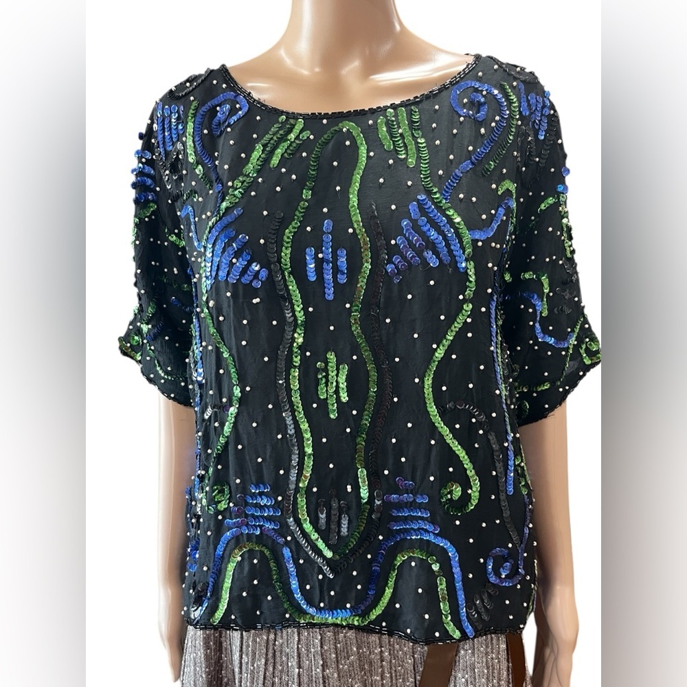 Vintage Jewel Queen Black chiffon Festive MOTB beaded green blue sequin Top